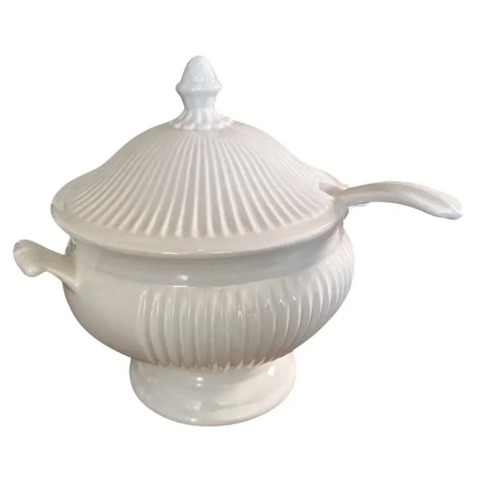California Pottery 196W White Soup Tureen w Ladle Large Vintage Made in USA